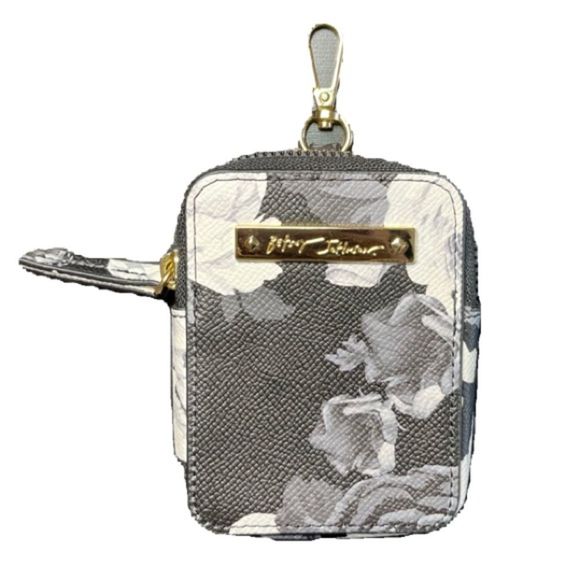 Betsey Johnson Black White Floral Zip Pouch Card Coins Keys Artsy Practical Chic - Picture 1 of 5